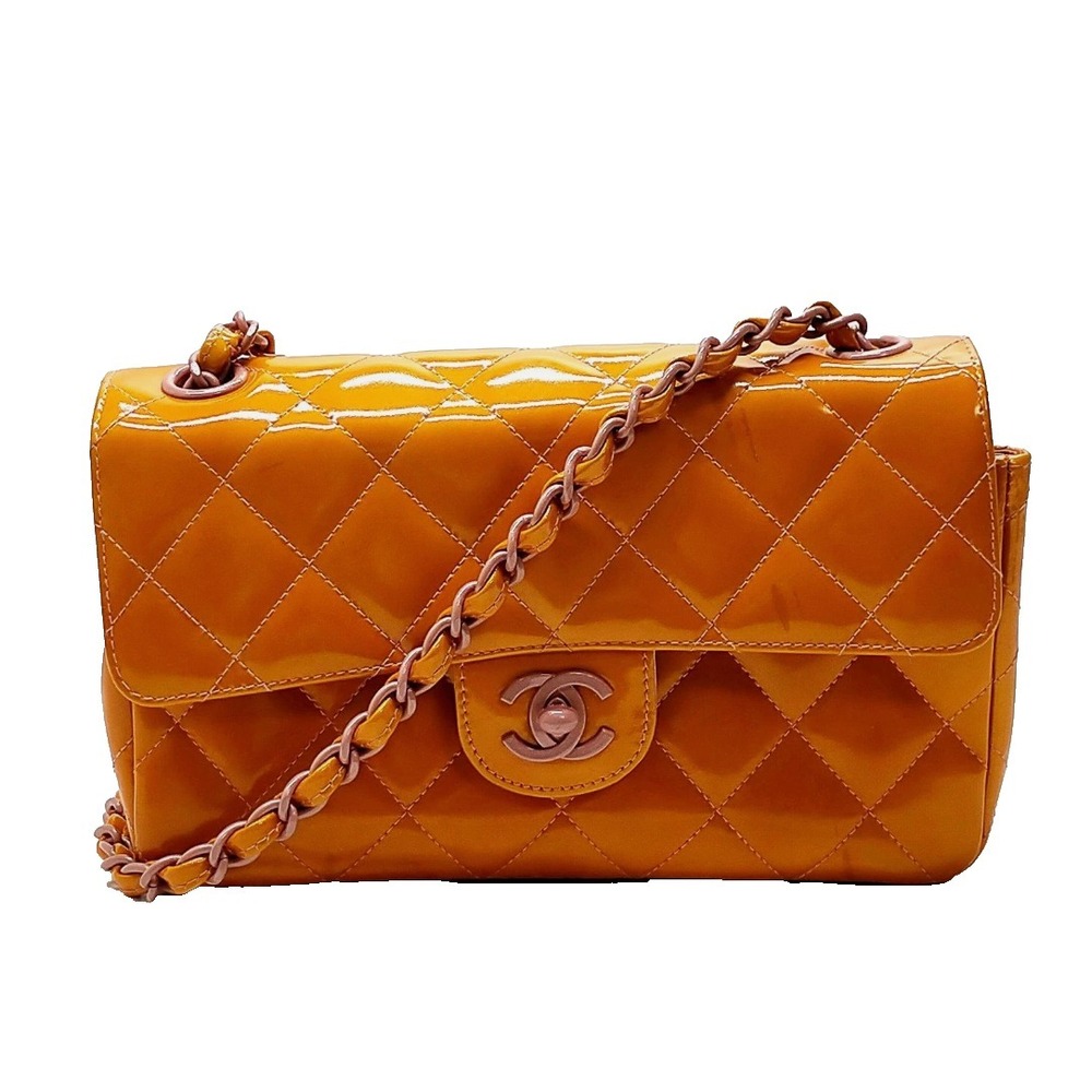 Chanel  Patent Calfskin Quilted Mini Rectangular Flap Bag Orange & Pink